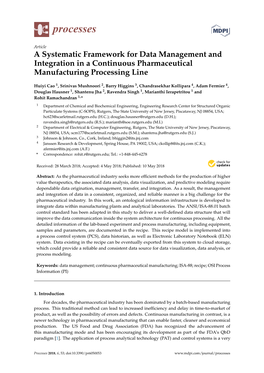 A Systematic Framework for Data Management and Integration in a Continuous Pharmaceutical Manufacturing Processing Line