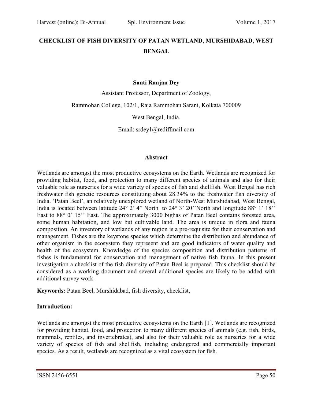 Checklist of Fish Diversity of Patan Wetland, Murshidabad, West Bengal