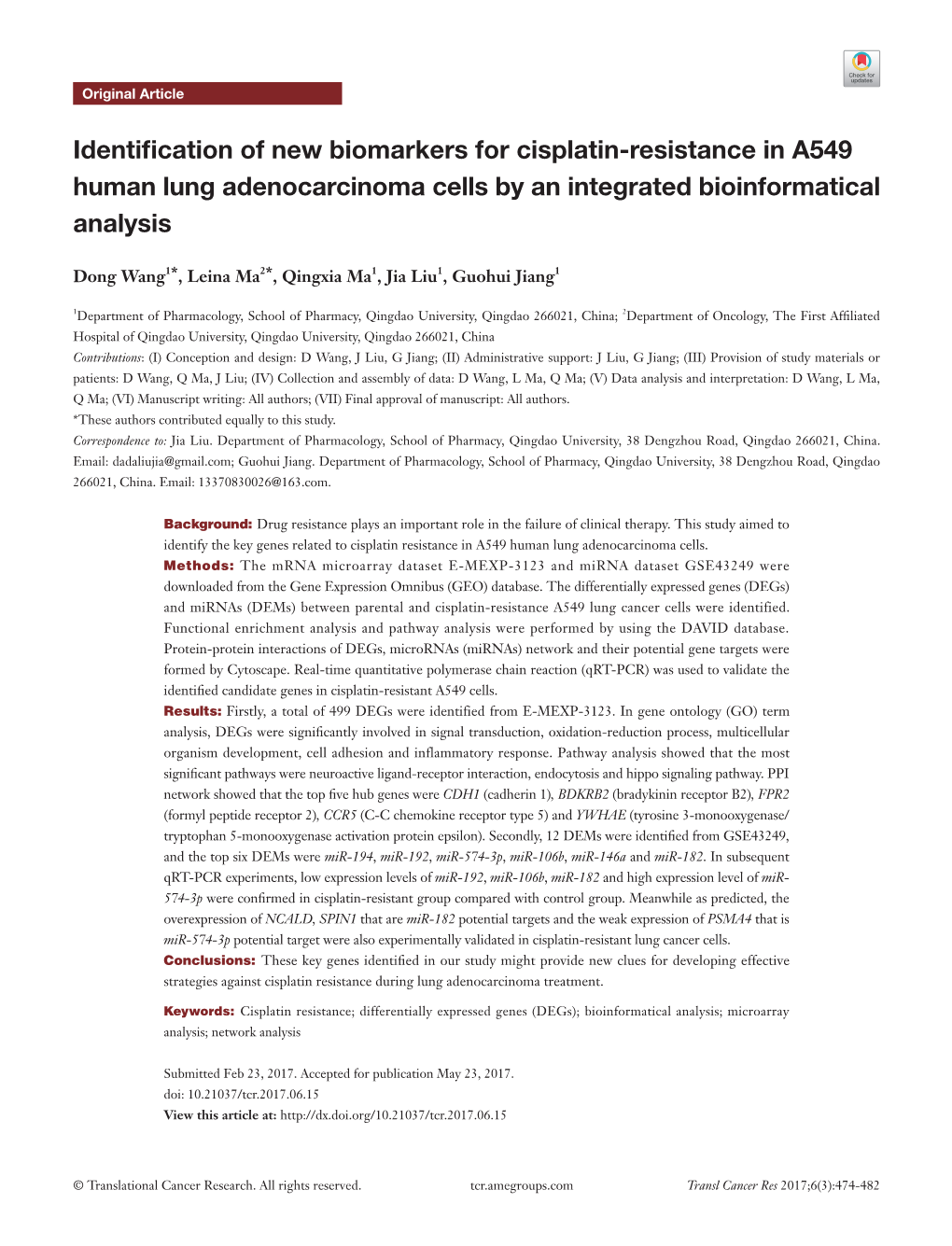 Identification of New Biomarkers for Cisplatin-Resistance in A549 Human Lung Adenocarcinoma Cells by an Integrated Bioinformatical Analysis