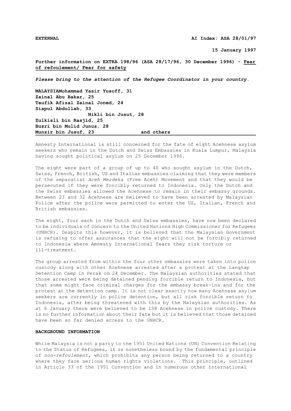 EXTERNAL AI Index: ASA 28/01/97 15 January