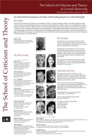 The School of Criticism and Theory at Cornell University 2016 Summer Session: June 19 - July 29