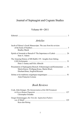 Journal of Septuagint and Cognate Studies Articles Book Reviews