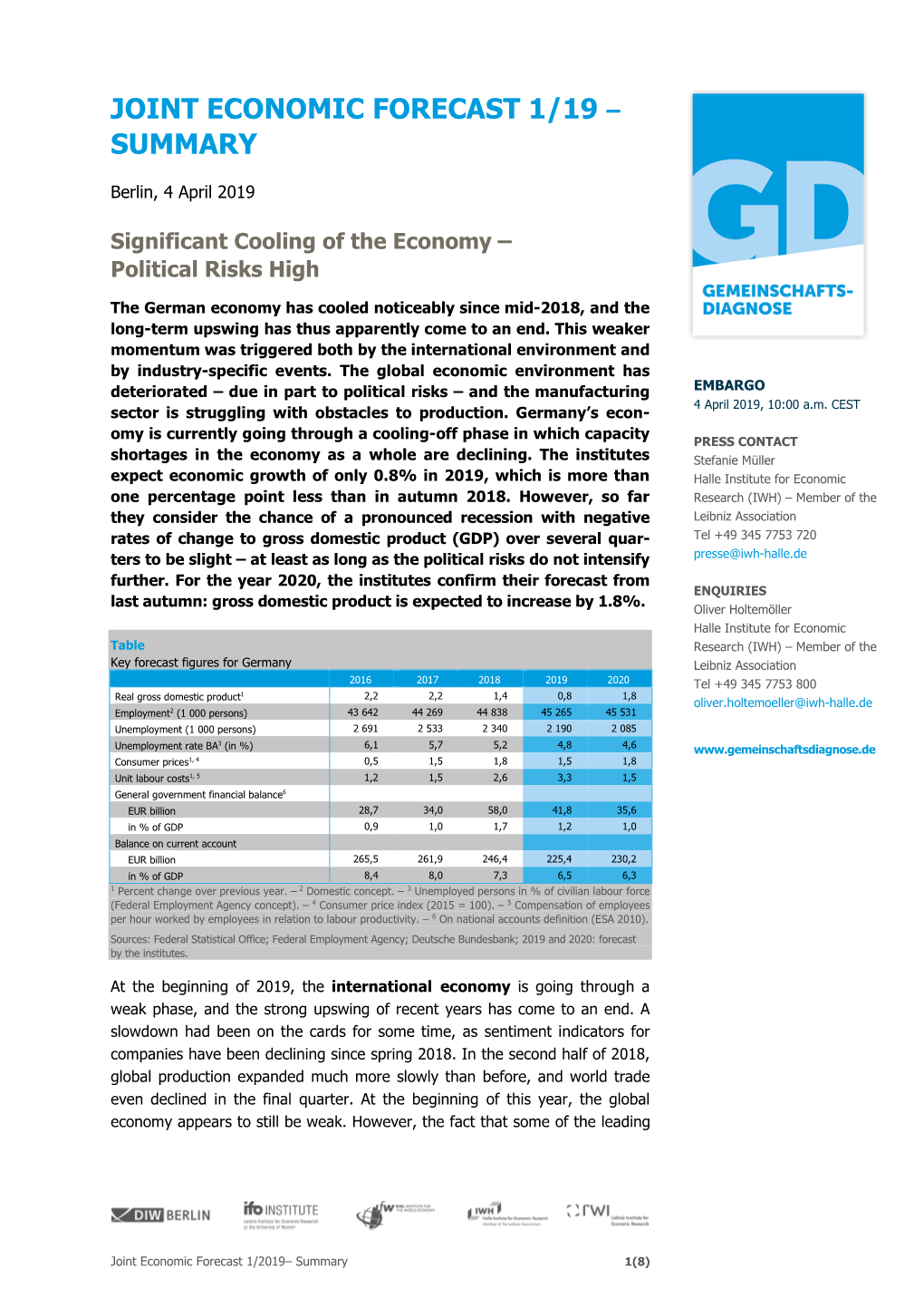 Joint Economic Forecast 1/19 – Summary