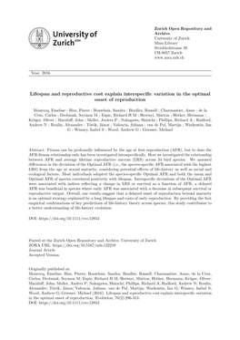 Full Title Lifespan and Reproductive Cost Explain Interspecific Variation in the Optimal Onset of Reproduction Running Title