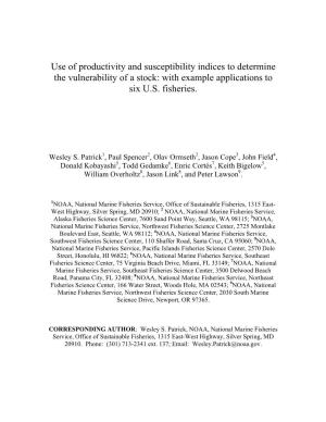 Use of Productivity and Susceptibility Indices to Determine the Vulnerability of a Stock: with Example Applications to Six U.S
