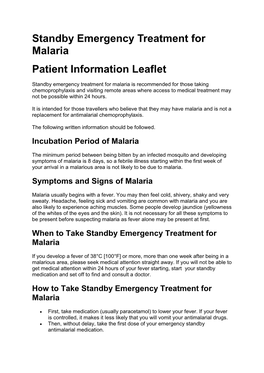 Standby Emergency Treatment for Malaria Patient Information Leaflet