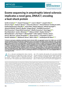 Exome Sequencing in Amyotrophic Lateral Sclerosis Implicates a Novel Gene, DNAJC7, Encoding a Heat-Shock Protein