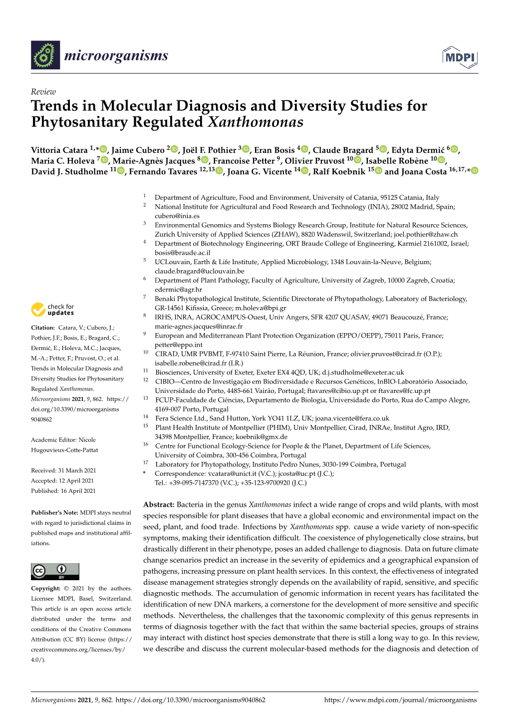 Trends in Molecular Diagnosis and Diversity Studies for Phytosanitary Regulated Xanthomonas