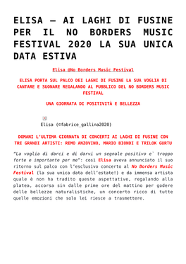 Elisa &#8211; Ai Laghi Di Fusine Per Il No Borders Music Festival 2020 La Sua Unica Data Estiva