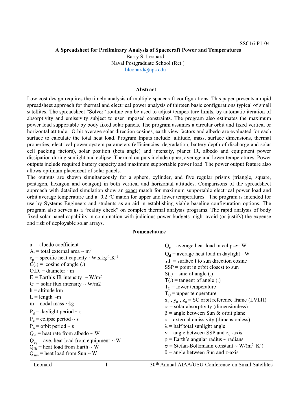 A Spreadsheet for Preliminary Analysis of Spacecraft Power and Temperatures Barry S