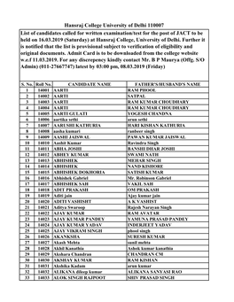 List of Candidates Called for Written Examination/Test for the Post of JACT to Be Held on 16.03.2019 (Saturday) at Hansraj College, University of Delhi