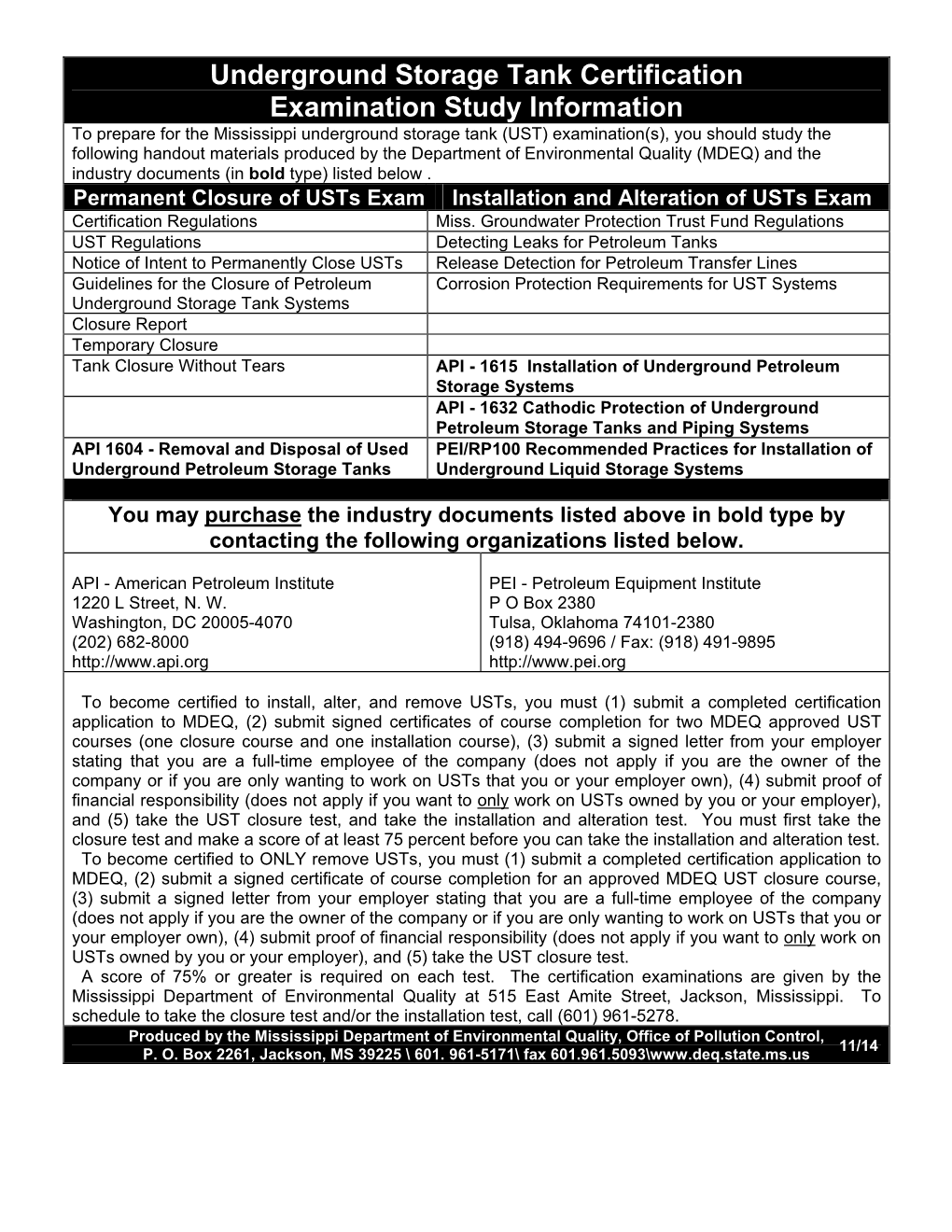 Underground Storage Tank Certification Examination Study Information