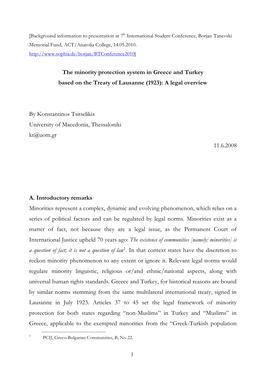 The Minority Protection System in Greece and Turkey Based on the Treaty of Lausanne (1923): a Legal Overview