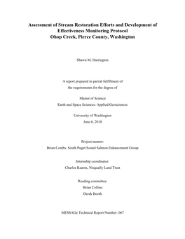 Assessment of Stream Restoration Efforts and Development of Effectiveness Monitoring Protocol Ohop Creek, Pierce County, Washington