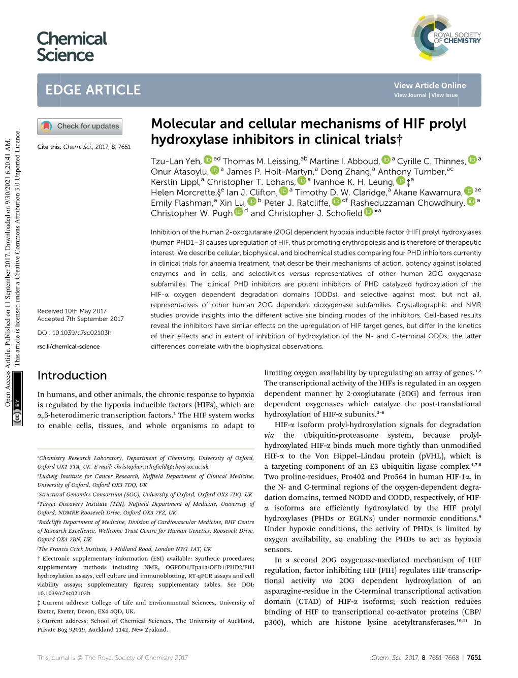 Molecular and Cellular Mechanisms of HIF Prolyl Hydroxylase Inhibitors in Clinical Trials† Cite This: Chem