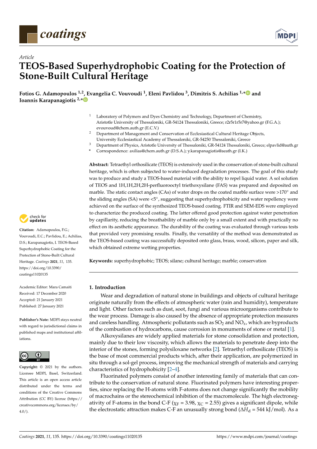 TEOS-Based Superhydrophobic Coating for the Protection of Stone-Built Cultural Heritage