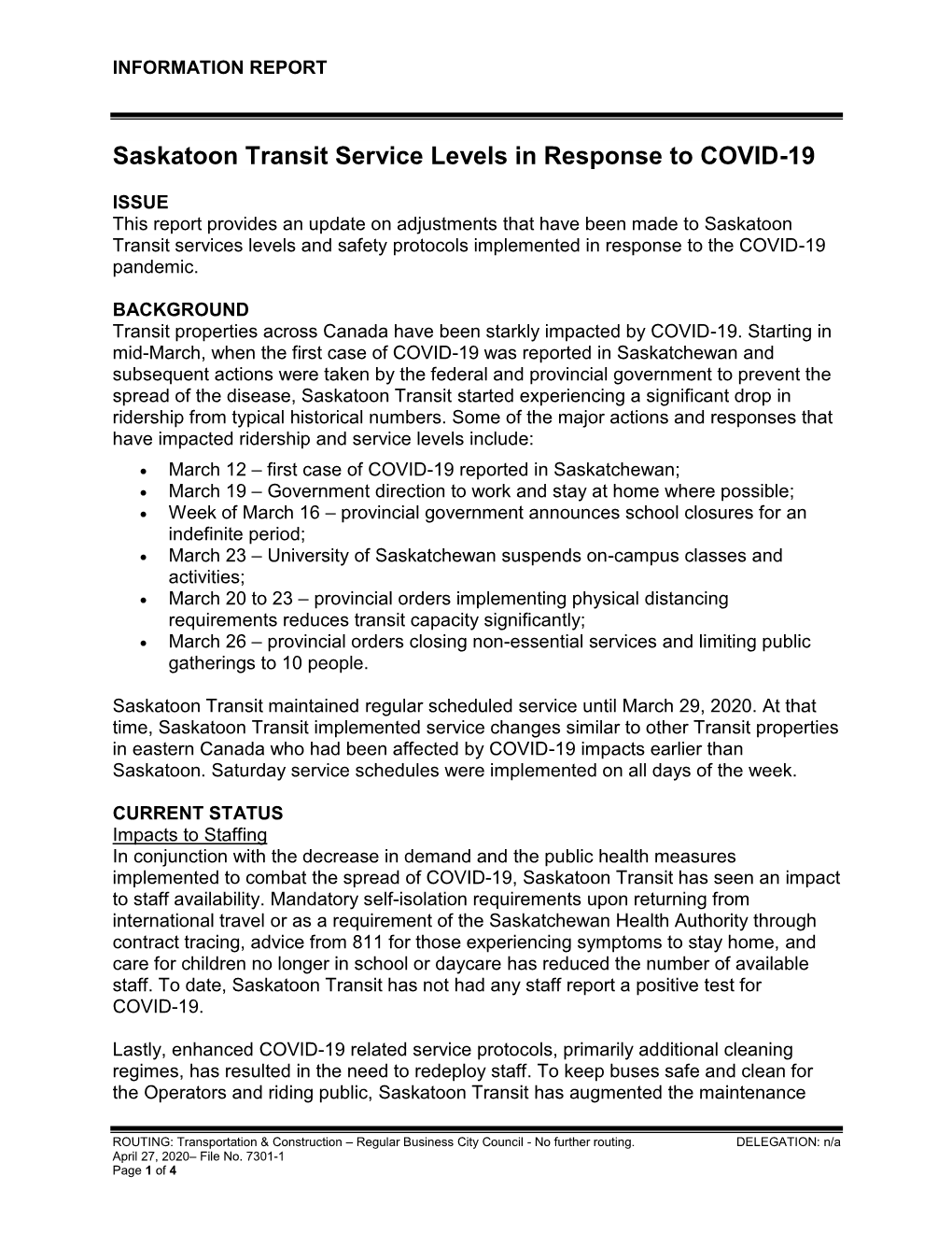 Saskatoon Transit Service Levels in Response to COVID-19
