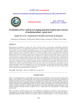 Evaluation of Free Radical Scavenging Potential of Plant Part Extracts of Medicinal Plant- Aglaia Lawii