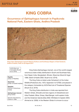 KING COBRA Occurrence of Ophiophagus Hannah in Papikonda National Park, Eastern Ghats, Andhra Pradesh