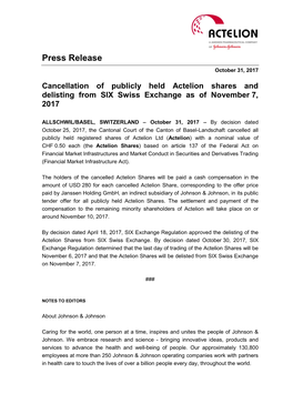 Cancellation of Publicly Held Actelion Shares and Delisting from SIX Swiss Exchange As of November 7, 2017