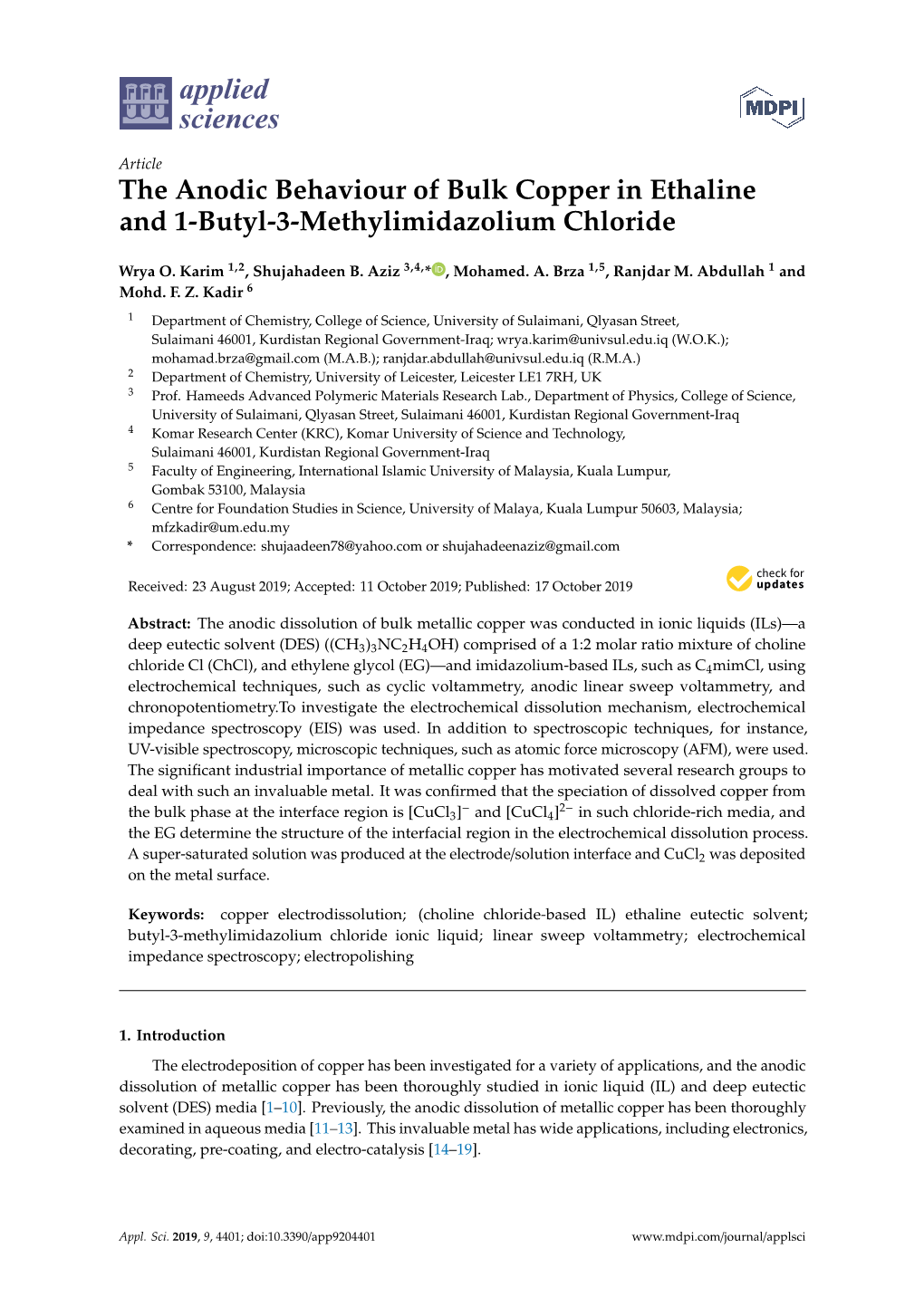 The Anodic Behaviour of Bulk Copper in Ethaline and 1-Butyl-3-Methylimidazolium Chloride