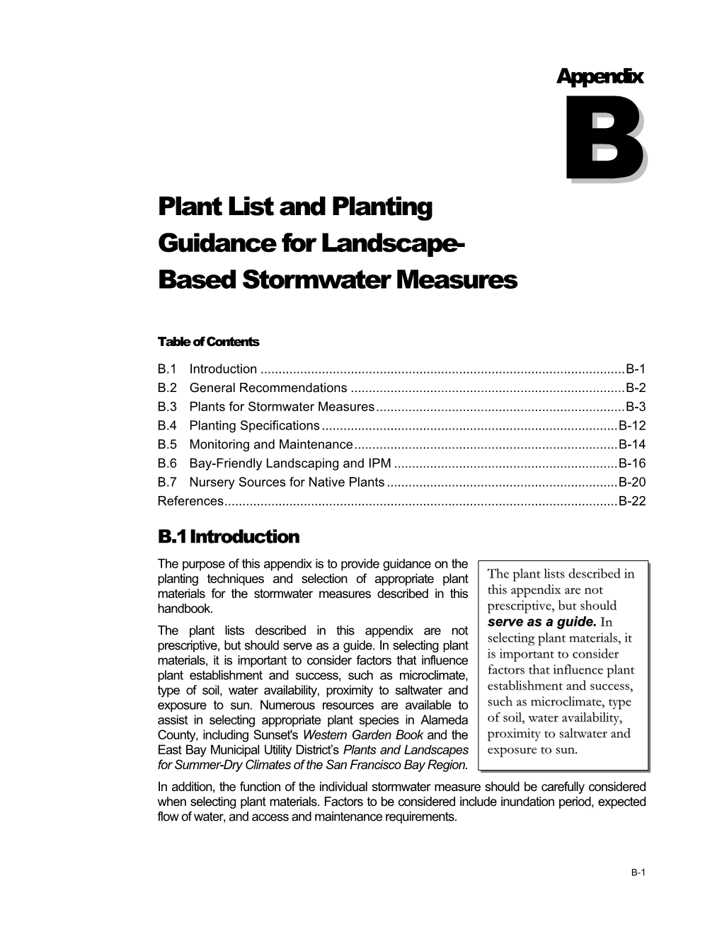 Plant List and Planting Guidance for Landscape- Based Stormwater Measures