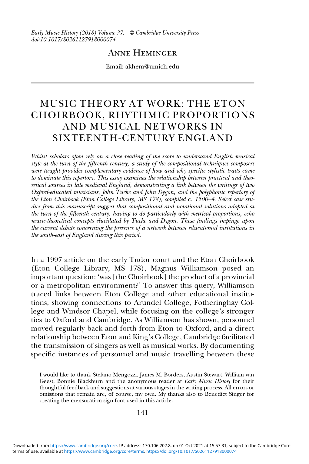 Music Theory at Work: the Eton Choirbook, Rhythmic Proportions and Musical Networks in Sixteenth-Century England