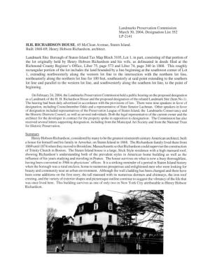 H. H. Richardson House and the Proposed Designation of the Related Landmark Site (Item No