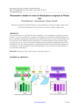 Thaumatin Is Similar to Water in Blood Glucose Response in Wistar Rats Warid Khayata1, Ahmad Kamri2, Rasha Alsaleh1