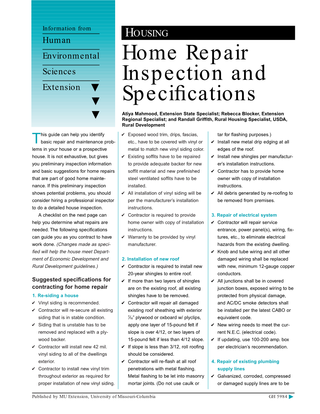 Home Repair Inspection and Specifications