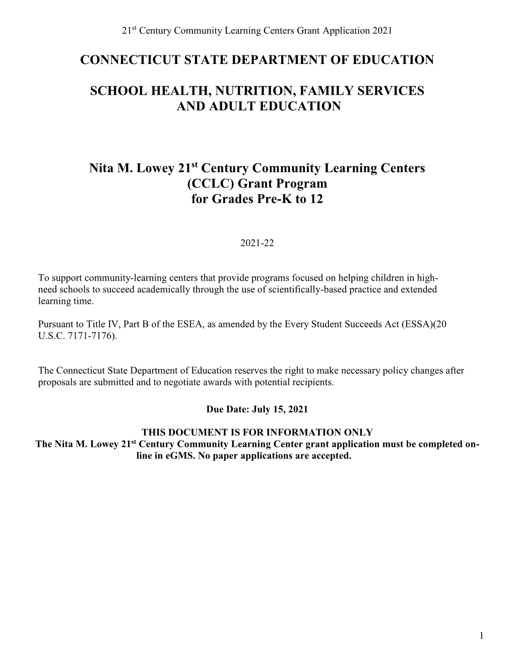 RFP132 21St Century Community Learning Centers Grant Program 2021