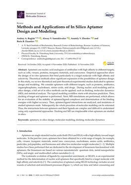 Methods and Applications of in Silico Aptamer Design and Modeling