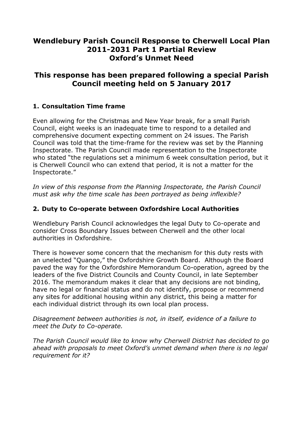 Wendlebury Parish Council Response to Cherwell Local Plan 2011-2031 Part 1 Partial Review Oxford’S Unmet Need