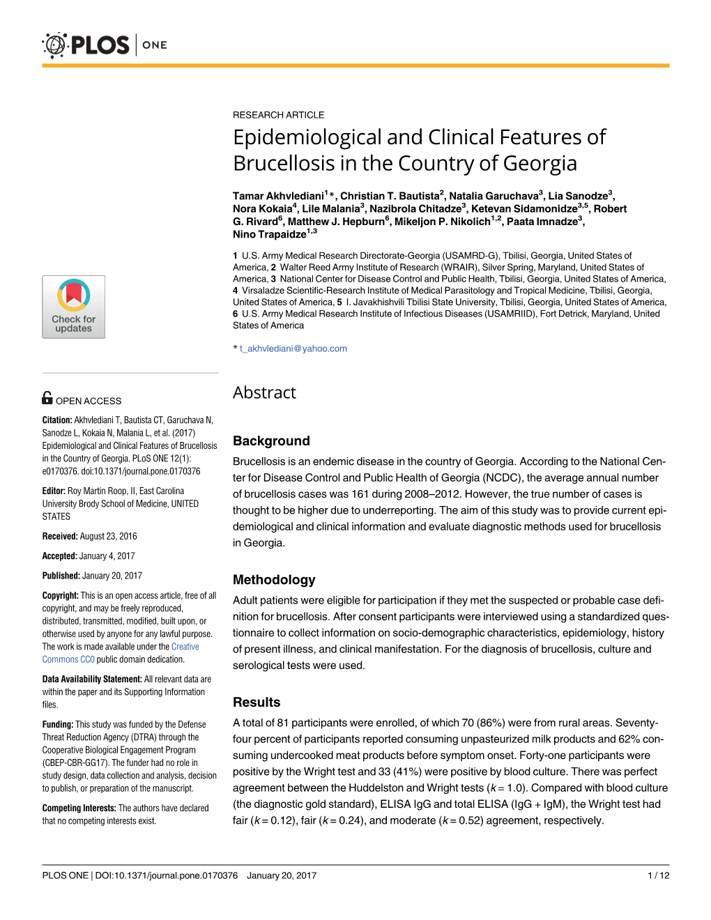 Epidemiological and Clinical Features of Brucellosis in the Country of Georgia