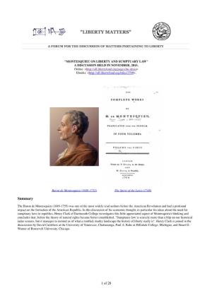 Montesquieu on Liberty and Sumptuary Law" a Discussion Held in November, 2015