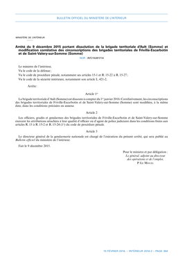 Arrêté Du 9 Décembre 2015 Portant Dissolution De La Brigade Territoriale D'ault (Somme) Et Modification Corrélative