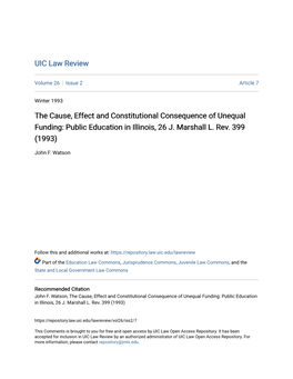 The Cause, Effect and Constitutional Consequence of Unequal Funding: Public Education in Illinois, 26 J