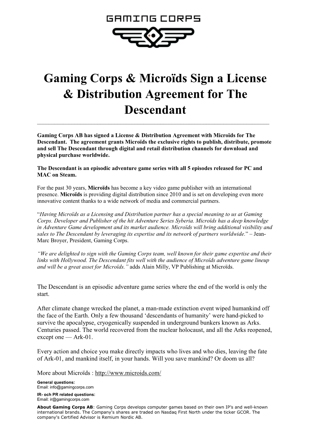 Gaming Corps & Microïds Sign a License & Distribution Agreement