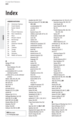 664 INDEX a Aakapa (FP) 460 Abseiling New Caledonia 193, 220 Vanuatu 568 Accommodation 623-5, See Also Individual Countries Acti