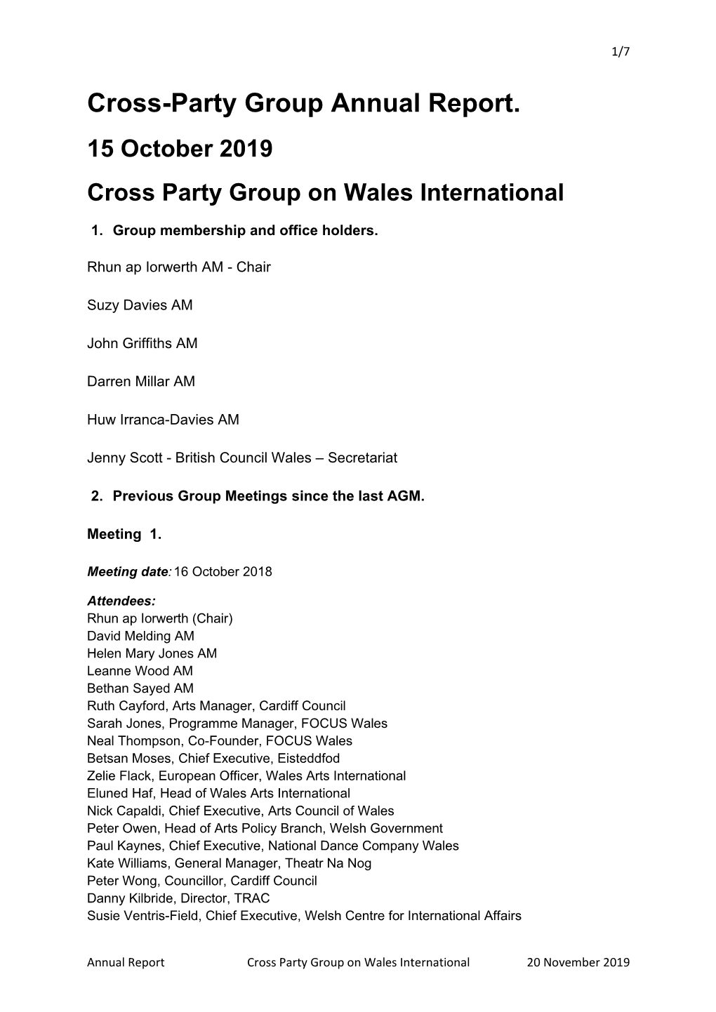 Cross-Party Group Annual Report. 15 October 2019 Cross Party Group on Wales International