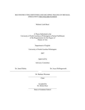Thesis Submitted to the University of North Carolina at Wilmington in Partial Fulfillment of the Requirements for the Degree of Master of Arts