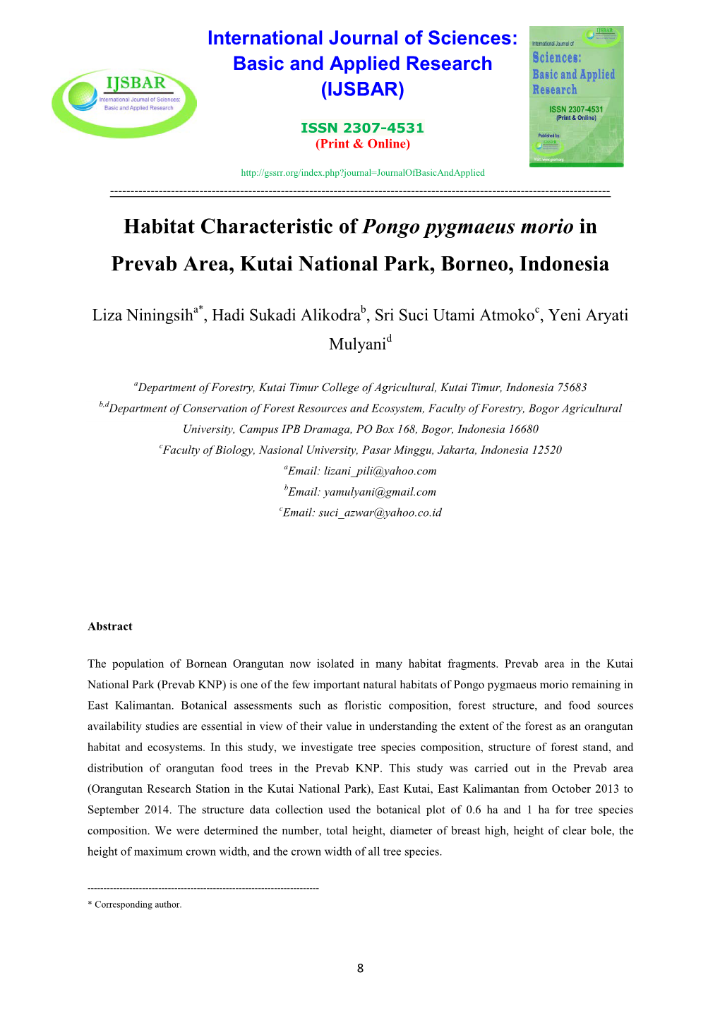 Habitat Characteristic of Pongo Pygmaeus Morio in Prevab Area, Kutai National Park, Borneo, Indonesia