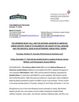 FOR IMMEDIATE RELEASE October 17, 2016 Media Contacts: the ARDMORE MUSIC HALL and the NATIONAL MUSEUM of AMERICAN JEWISH HISTORY