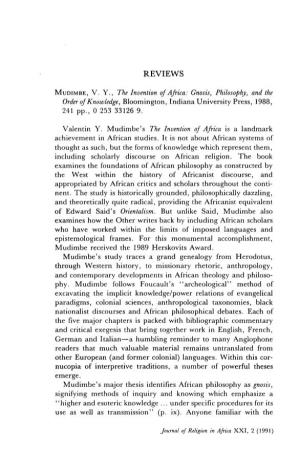 REVIEWS MUDIMBE, VY, the Invention of Africa