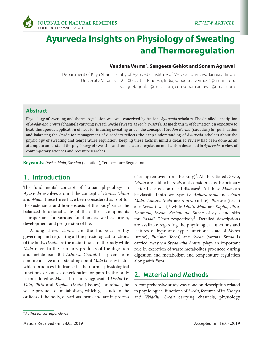 Ayurveda Insights on Physiology of Sweating and Thermoregulation