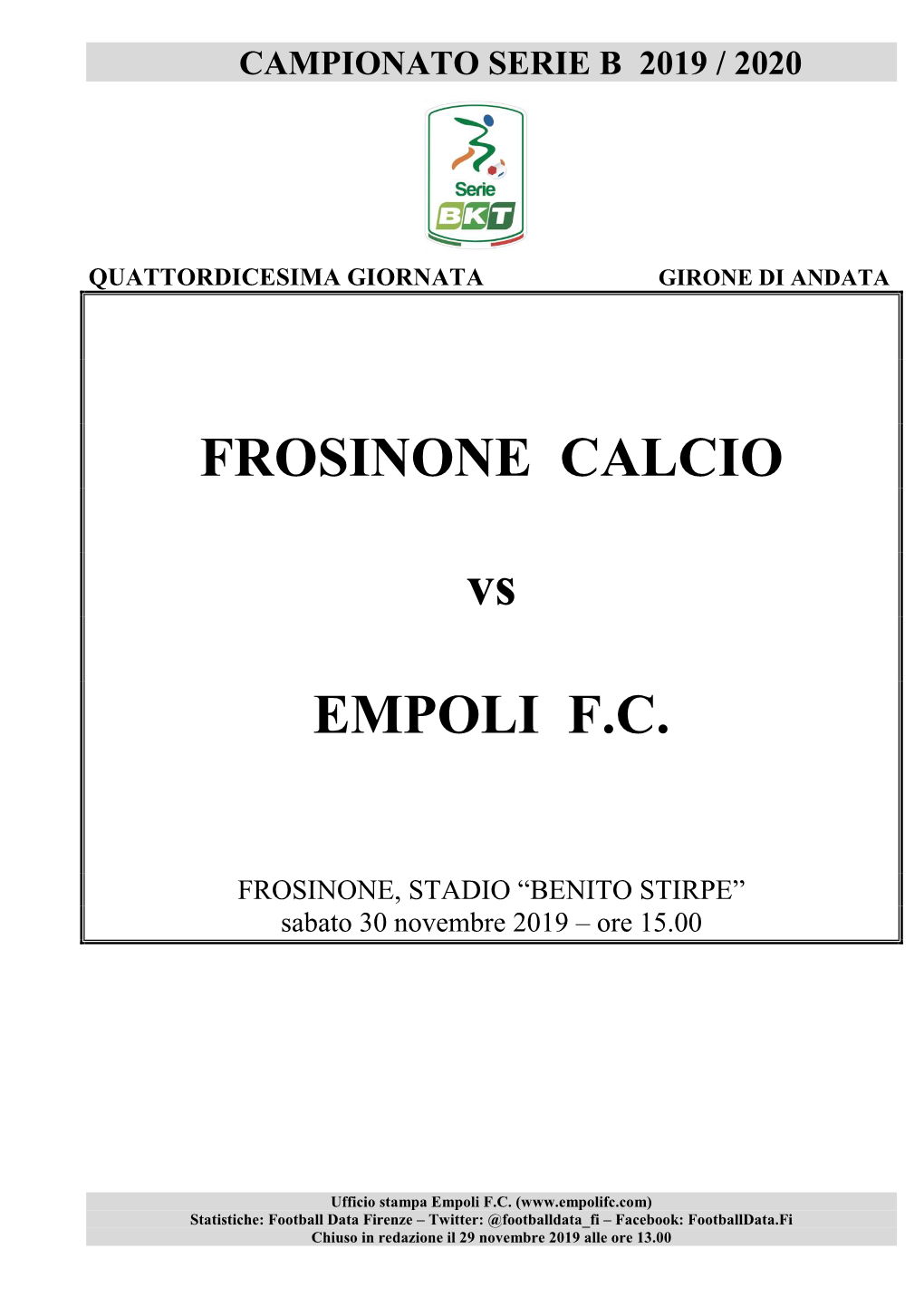 Frosinone-Empoli- 14° Giornata Serie B