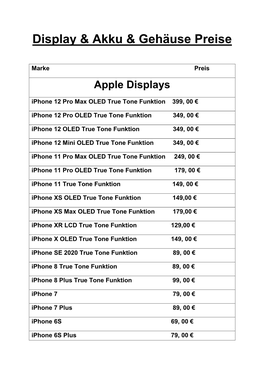 Display & Akku & Gehäuse Preise