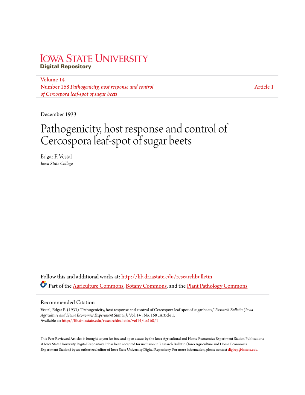 Pathogenicity, Host Response and Control of Cercospora Leaf-Spot of Sugar Beets Edgar F