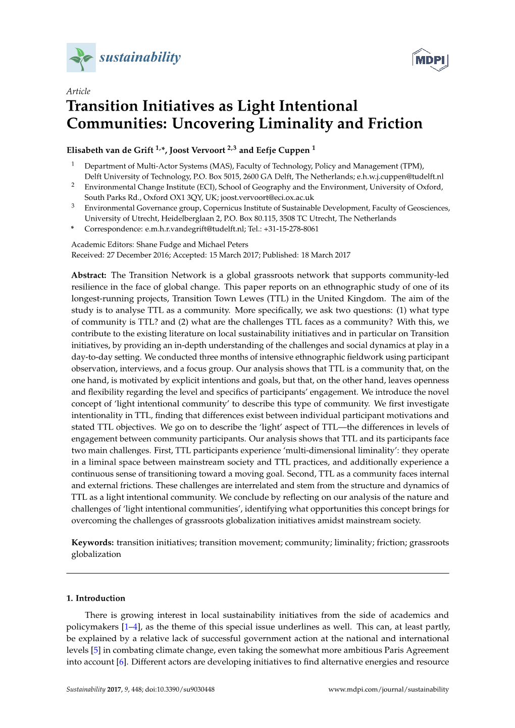 Transition Initiatives As Light Intentional Communities: Uncovering Liminality and Friction