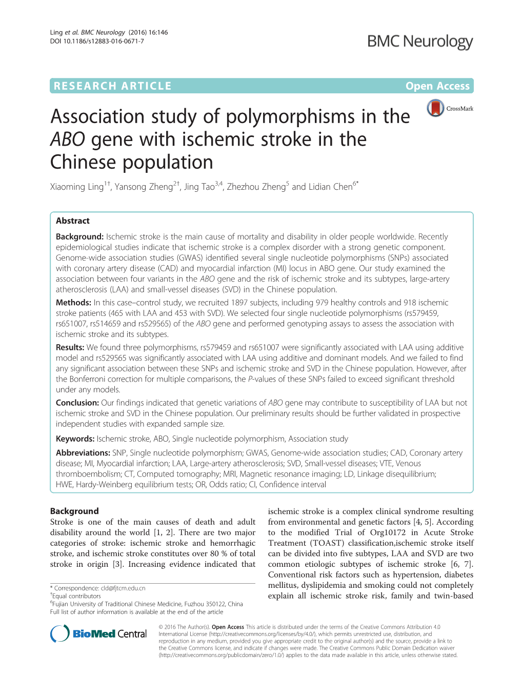 Association Study of Polymorphisms in the ABO Gene with Ischemic Stroke